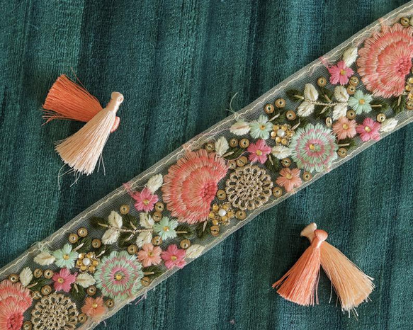 インド刺繍リボン ピンク花 フラワー チロリアンテープ ボタニカル
