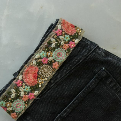 インド刺繍リボン ピンク花 フラワー チロリアンテープ ボタニカル