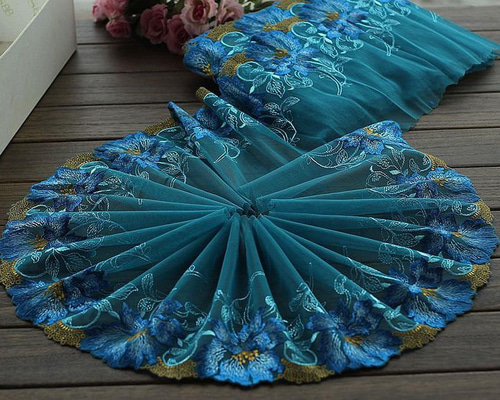 刺繍レース チュール ターコイズブルー 青 花 エスニック