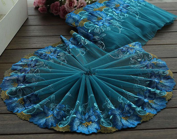 刺繍レース チュール ターコイズブルー 青 花 エスニック