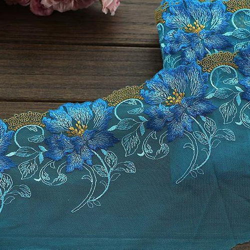 刺繍レース チュール ターコイズブルー 青 花 エスニック アジアン