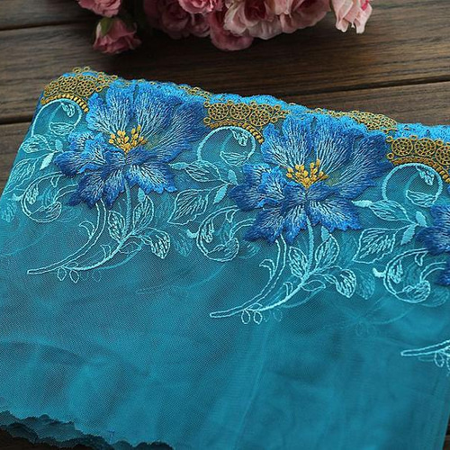 刺繍レース チュール ターコイズブルー 青 花 エスニック