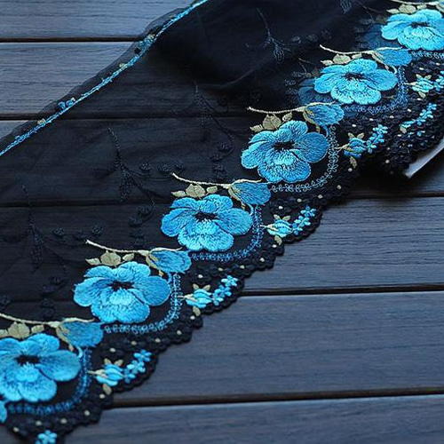 黒刺繍チュールレース ターコイズブルー ブラック 手芸 アンティーク