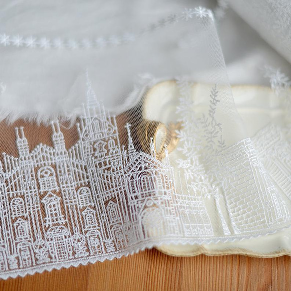 刺繍チュールレース 白 建物 お城 プリンセス 北欧 手芸