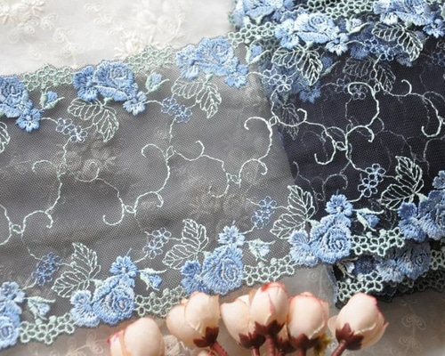 刺繍チュールレース 青薔薇 紺色 両端 ダブル アンティーク 手芸リボン