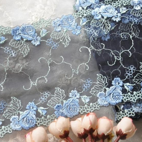 刺繍チュールレース 青薔薇 紺色 両端 ダブル アンティーク 手芸リボン