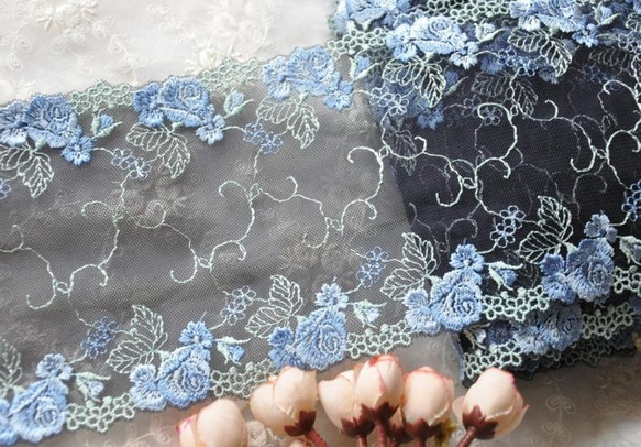 刺繍チュールレース 青薔薇 紺色 両端 ダブル アンティーク 手芸リボン