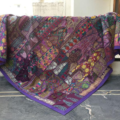 インド刺繍ラグ 絨毯 パッチワーク ハンドメイド キルト 紫 生地