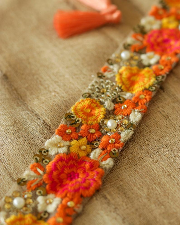 インド刺繍リボン オレンジ 黄色 パール チュールレース 花 プリンセス 