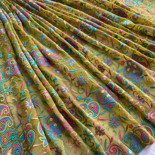 インド刺繍布 黄緑 ペイズリー柄 花 エスニック ストール