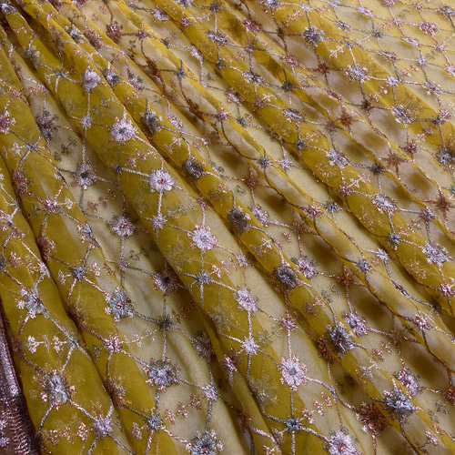 インド刺繍布 マスタード 黄色 金 輸入生地 ヴィンテージ アンティーク