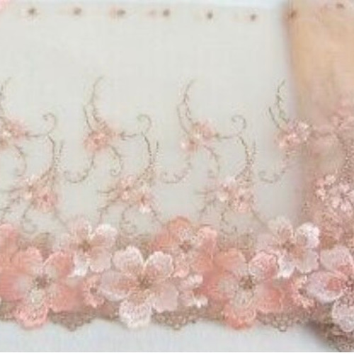 刺繍チュールレース ベージュ 花 手芸 桜 ピンク ドール服 生地 刺繍チュールレース ベージュ 花 手芸 桜 ピンク ドール服 生地