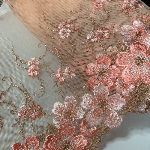 刺繍チュールレース ベージュ 花 手芸 桜 ピンク ドール服 生地 刺繍チュールレース ベージュ 花 手芸 桜 ピンク ドール服 生地