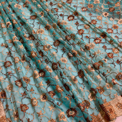 インド刺繍生地 ドゥパタ 花 サリー 民族衣装 結婚式 水色 花柄 レース 北欧 チュールレース 衣装 ダンススカート 1枚目の画像