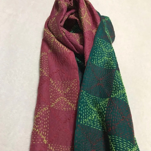 手刺繍 ストール 刺し子 ハンドメイド シルク100% カシミール刺繍 
