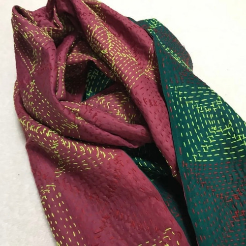 手刺繍 ストール 刺し子 ハンドメイド シルク100% カシミール刺繍 