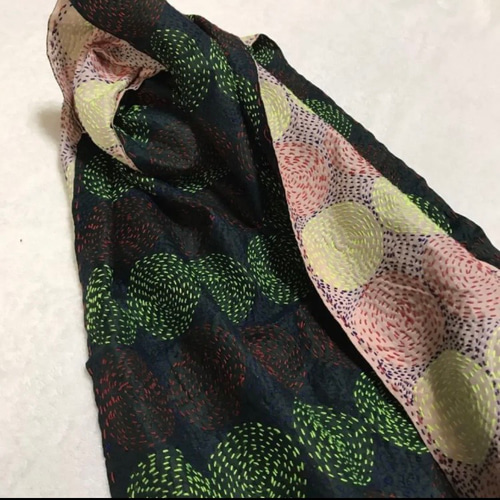 手刺繍 ストール カンタ刺繍 刺し子 シルク100% ハンドメイド 黒 絹 