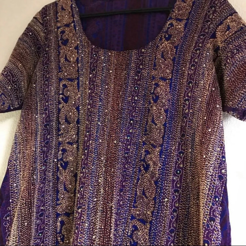 インド 手刺繍 シルク100% ドレス ワンピース 刺し子 紫 カシミール  