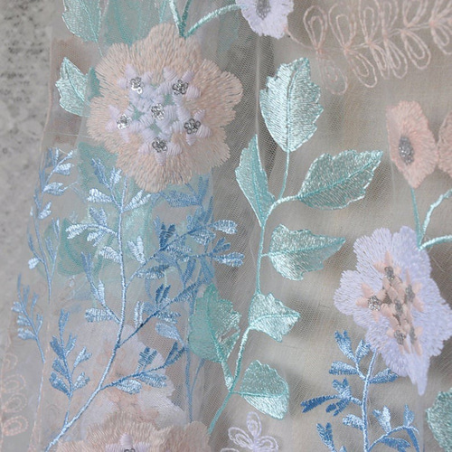 刺繍チュールレース 水色 白 ボタニカル 花 結婚式 ストール 衣装