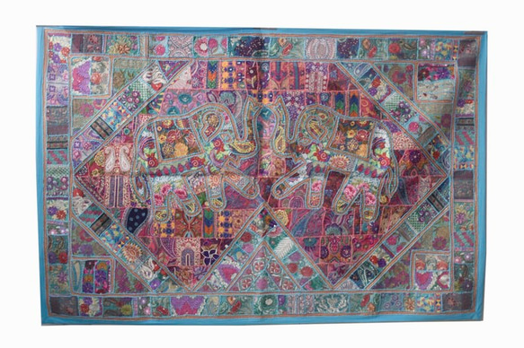 インド刺繍ラグ パッチワーク キルト タペストリー 花 アジアン 敷物 象 アジアの手仕事 ヴィンテージ エスニック 2枚目の画像
