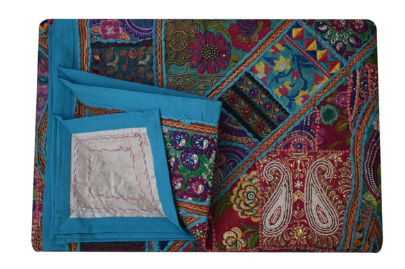 インド刺繍ラグ パッチワーク キルト タペストリー 花 アジアン 敷物 象 アジアの手仕事 ヴィンテージ エスニック 3枚目の画像