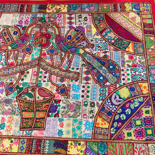 インド刺繍ラグ 鳥 敷物 マット パッチワーク 花 孔雀 キルト