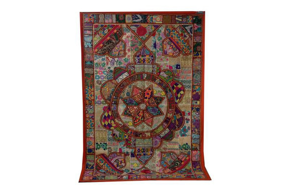 インド刺繍 敷物 マット カーペット 花 輸入ラグ 絨毯 パッチワークキルト アジアン エスニック ヴィンテージ 北欧 3枚目の画像