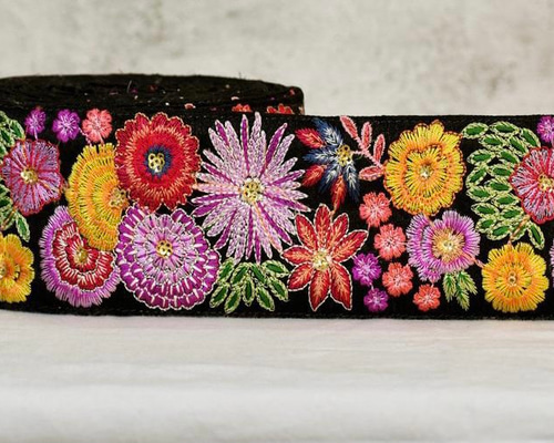 インド刺繍リボン 花 シルク100% 着物帯 花火 髪飾り 成人式 和風 和柄  