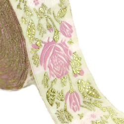 インドリボン ピンク 薔薇 白 花 金糸 手芸テープ フランスアンティークレース バラ ヘアバンド ゴスロリ プリンセス 3枚目の画像