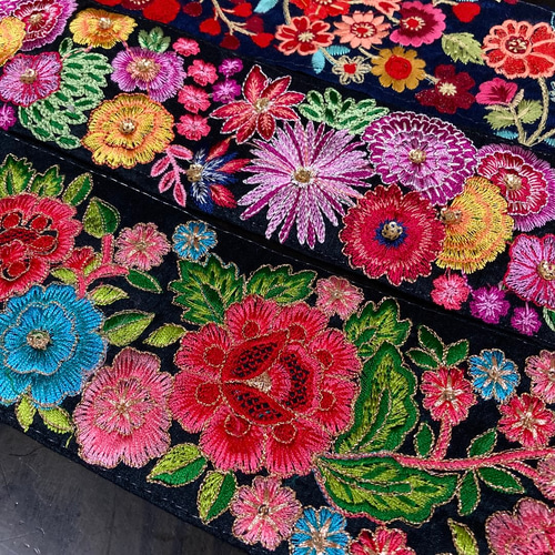 インド刺繍リボン 花 シルク100% 着物帯 リメイク メキシコ刺繍 和柄  