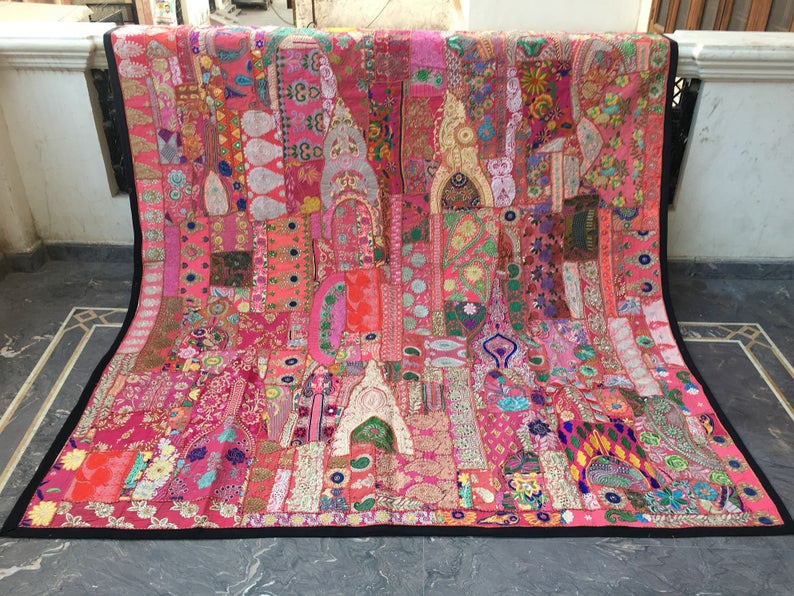 ꕥ H.Hꕥヴィンテージラリーキルト刺繍フリンジジャガードマルチ