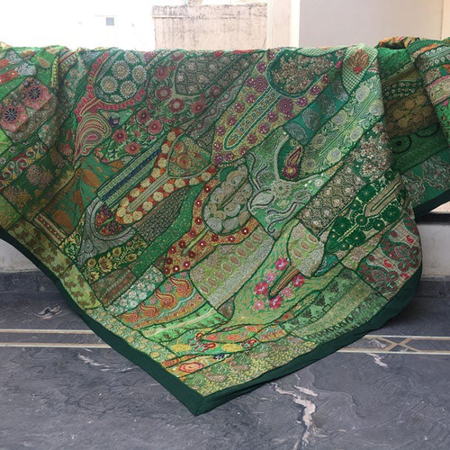 インド刺繍 敷物 ヴィンテージラグ 刺し子 ハンドメイド アジアン 黄緑