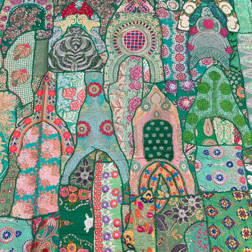 インド刺繍 敷物 ヴィンテージラグ 刺し子 ハンドメイド アジアン 黄緑