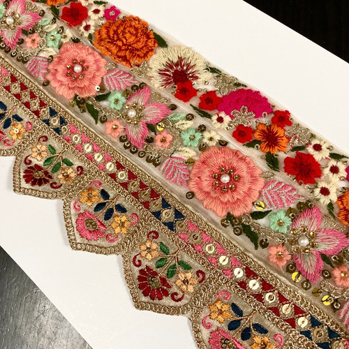 インド刺繍リボンセット ピンクパール スカラップ 薔薇 刺繍