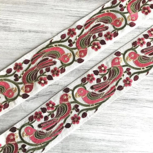 インド刺繍リボン 花刺繍 鳥 インコ オウム シルク100% エスニック  