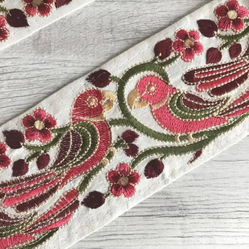 インド刺繍リボン 花刺繍 鳥 インコ オウム シルク100% エスニック  