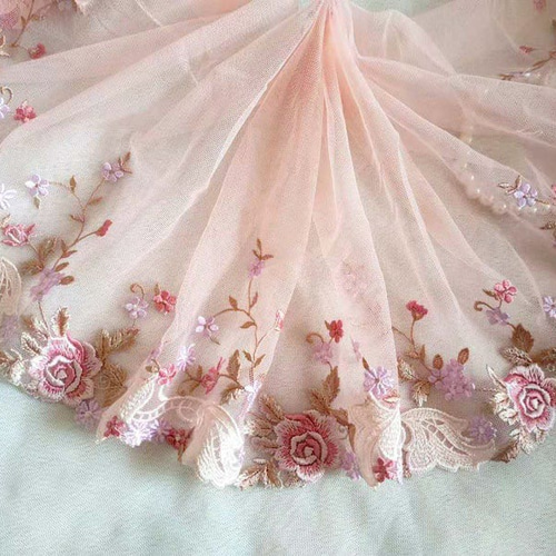 刺繍チュールレース ピンクバラ 花 かわいい プリンセス 布 メルヘン