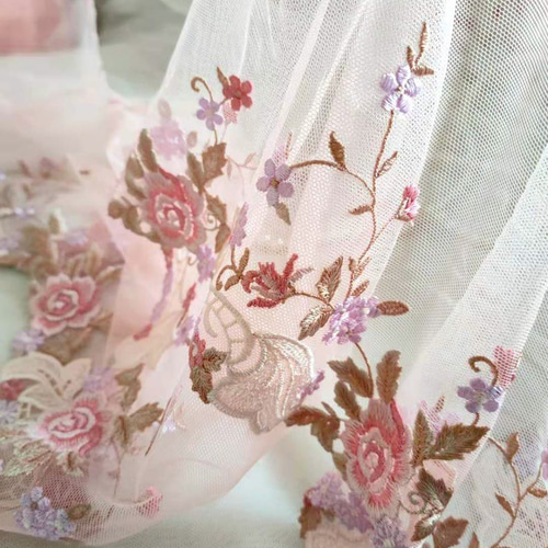 刺繍チュールレース ピンクバラ 花 かわいい プリンセス 布