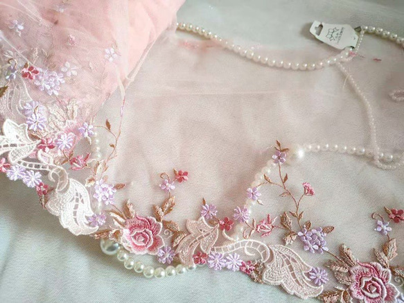 刺繍チュールレース ピンクバラ 花 かわいい プリンセス 布 メルヘン ドレス アンティーク 薔薇 レトロ ドール服 5枚目の画像