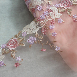 刺繍チュールレース ピンクバラ 花 かわいい プリンセス 布 メルヘン ドレス アンティーク 薔薇 レトロ ドール服 8枚目の画像