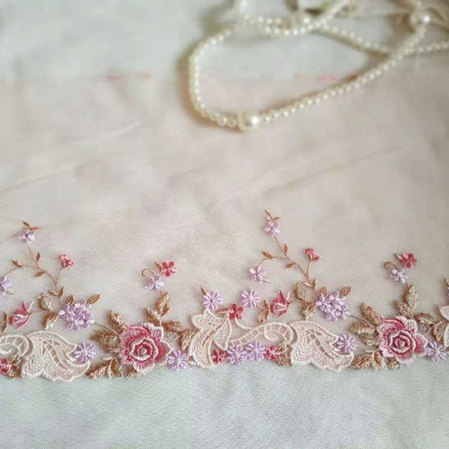 刺繍チュールレース ピンクバラ 花 かわいい プリンセス 布 メルヘン