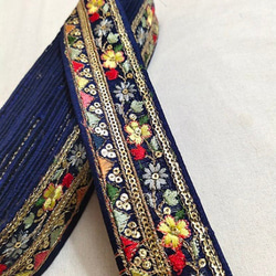 インド刺繍リボン デニム ネイビー 紺色 青 花 チロリアンテープ