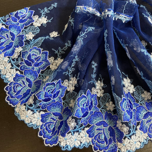 紺色 刺繍チュールレース 薔薇 花 ブルー 青 ヴィンテージ ブライス