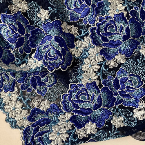 紺色 刺繍チュールレース 薔薇 花 ブルー 青 ヴィンテージ ブライス