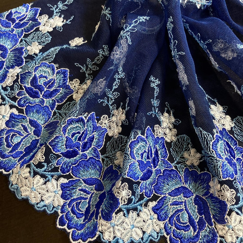 紺色 刺繍チュールレース 薔薇 花 ブルー 青 ヴィンテージ ブライス