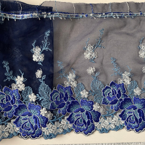 紺色 刺繍チュールレース 薔薇 花 ブルー 青 ヴィンテージ ブライス