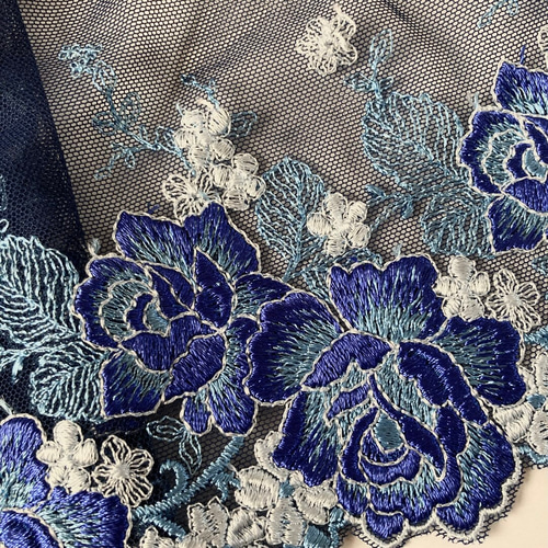 紺色 刺繍チュールレース 薔薇 花 ブルー 青 ヴィンテージ ブライス