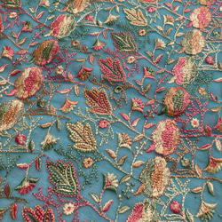 インド刺繍布 ドゥパタ ターコイズブルー 青 花 ボタニカル チュールレース アジアン エスニック ストール スカート 5枚目の画像