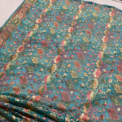 インド刺繍布 ドゥパタ ターコイズブルー 青 花 ボタニカル チュールレース アジアン エスニック ストール スカート 8枚目の画像
