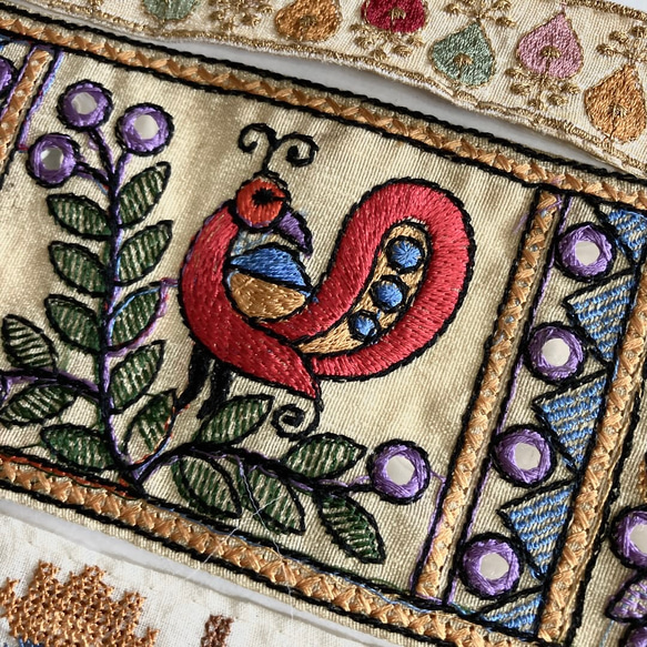 インド刺繍リボンセット 北欧 インコ 鳥 孔雀 ドロップ ミラーワーク アジアン エスニック チロリアンテープ レトロ 7枚目の画像